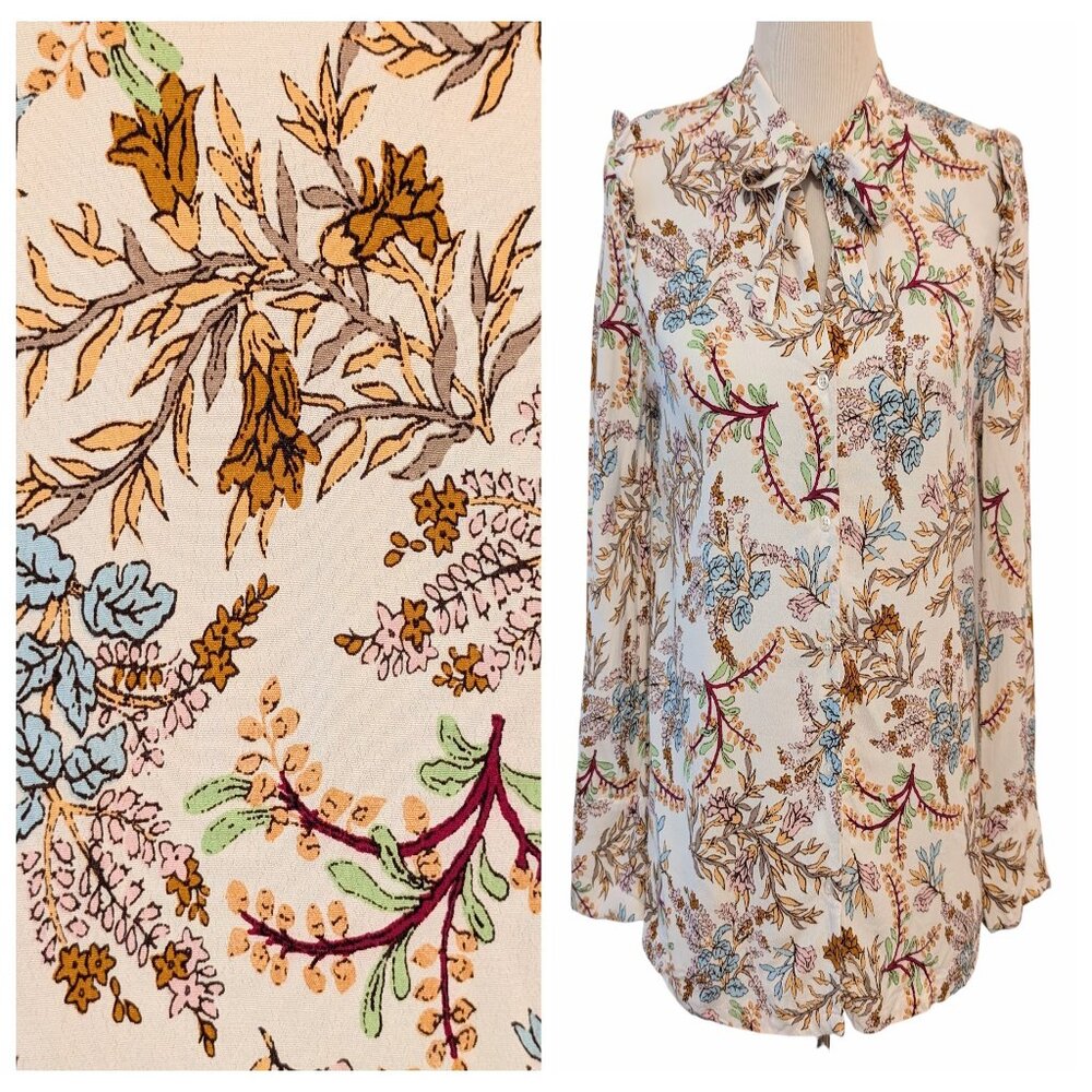 Maje Womens Sz 2 (M) Lixie Floral Botanical Button Ruffle Necktie L/S Blouse Top